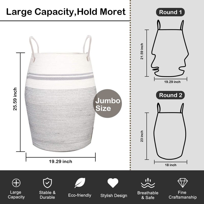 OIAHOMY Laundry Hamper Woven Cotton Rope Large Clothes Hamper 25.6" Height Tall Laundry Basket with Extended Cotton Handles for Storage Clothes Toys in Bedroom, Bathroom, Foldable (Light Grey) - Image 3